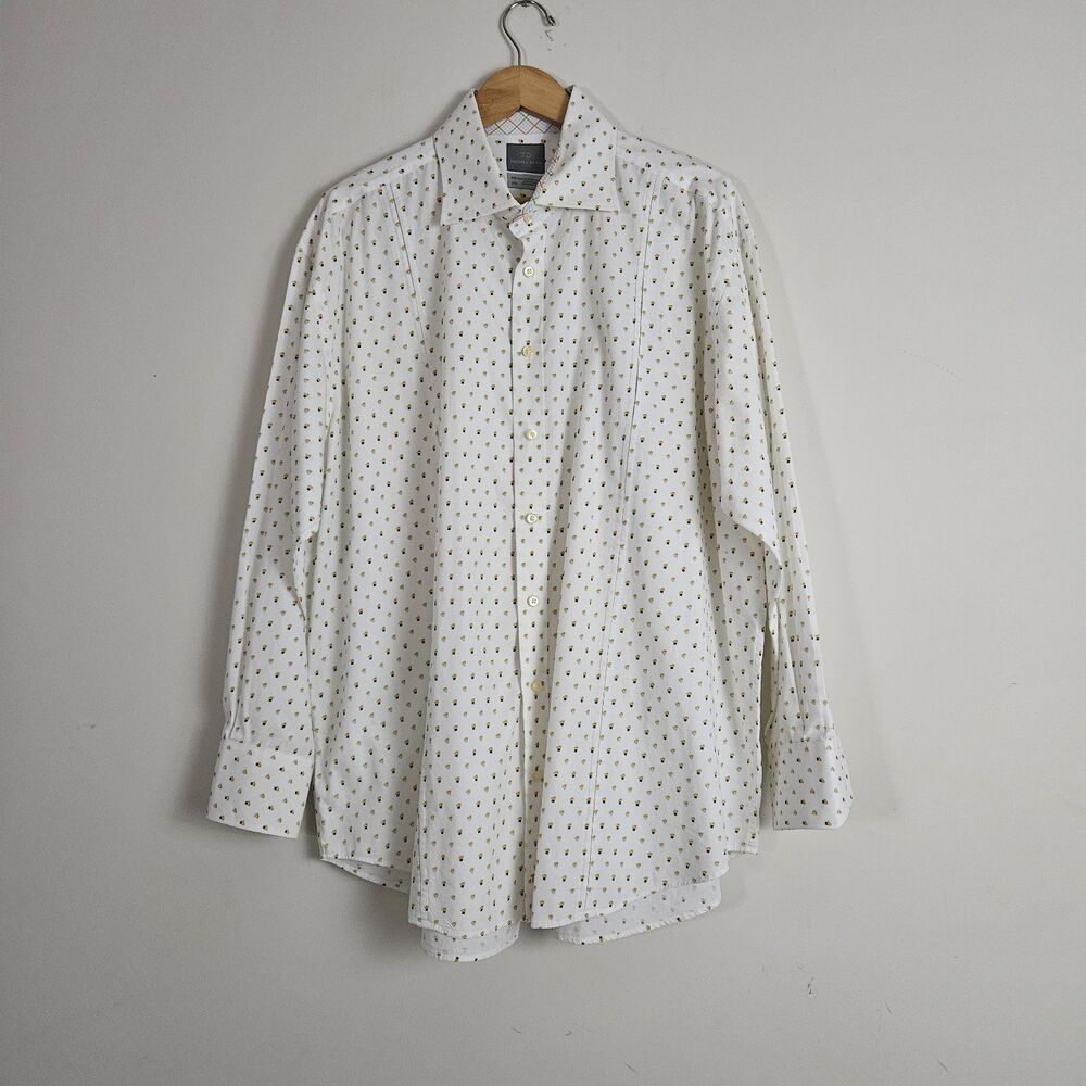 Thomas Dean Mens Shirt 2XB White Floral Button Down Long Sleeve Cotton Office